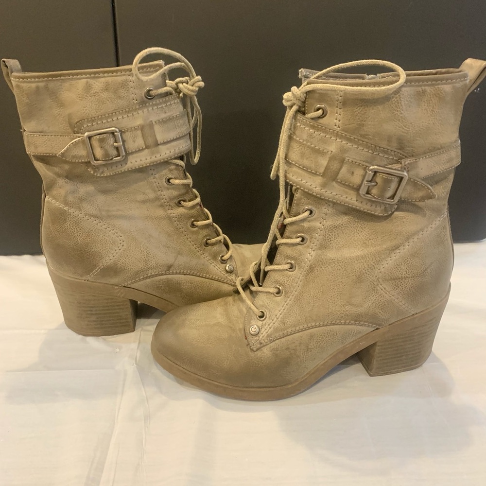 GBG Grey Taupe Distressed Leather Combat Boots